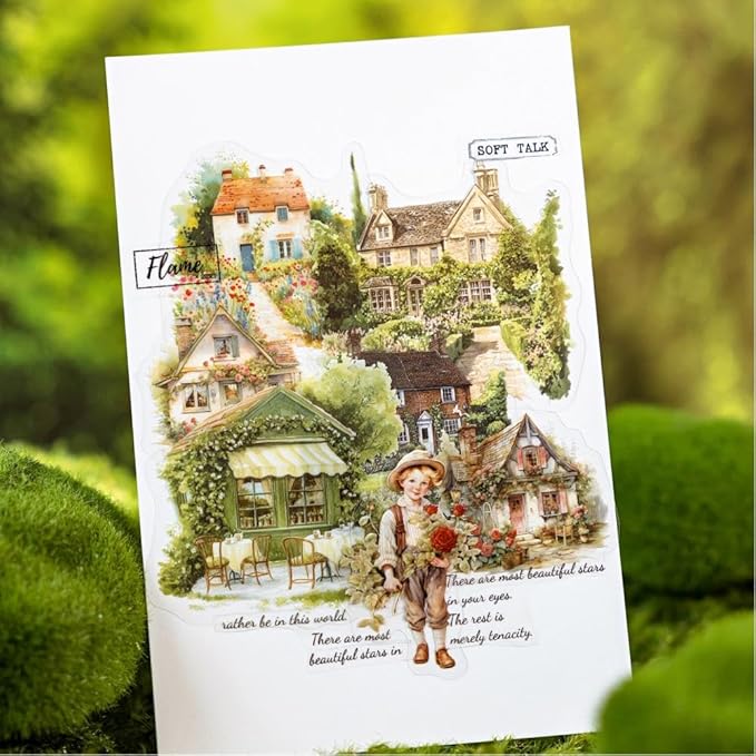 Dwpetzo 6 Pack 180Pcs Nature Scenery Tree House Cottage Castle Manor Scene Stickers for Journaling, Transparent PET Stickers for Scrapbooking, Junk Journal Supplies, Bujo, Collage