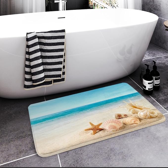 Britimes Bath Mat for Bathroom, Blue Beach Starfish Sea Washable Cover Floor Rug Carpets Floor Mat Bathroom Decorations 20x32 Inches for Kitchen Bedroom Indoor
