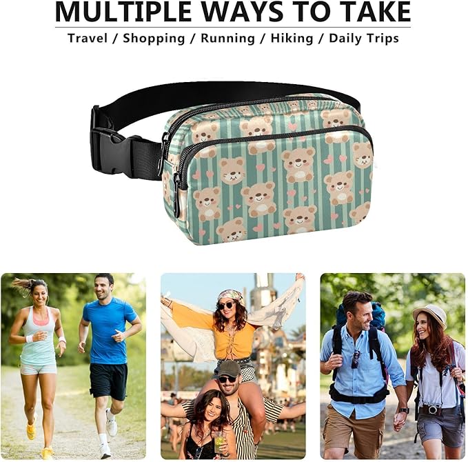 Kawaii Teddy Bears Green Stripe Fanny Pack for Women Men Water Resistant Fashion Waist Packs with Adjustable Strap Belt Bag for Travel Workout Jogging Hiking 21219330