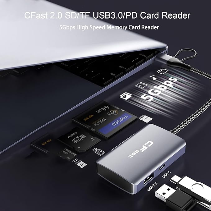 CFast Card Reader, 5 in 2 CFast 2.0 SD/TF Memory Card Reader, 5Gbps PD/USB 3.2 Gen 1 Adapter with USB C/USB A Cable Compatible with Windows/Mac/Linux/Android (5 in 2)