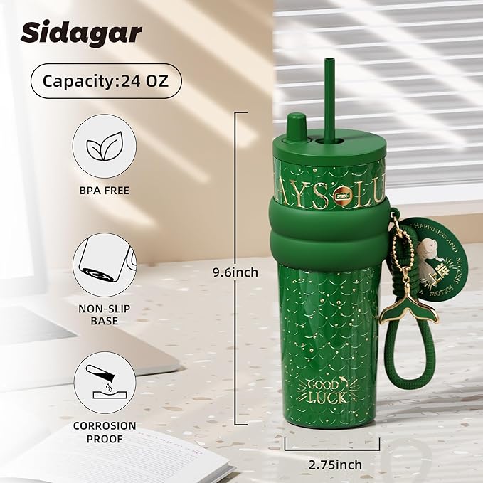 24 oz Tumbler with Lid and Straw, Insulated Coffee Mug Leak Proof, Portable Iced Travel Water Bottle, Reusable Thermal Coffee Cup, Gifts for Women, Emerald Green