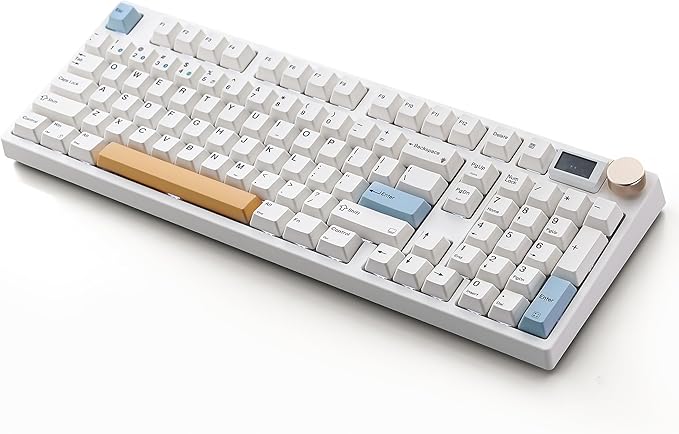 NJ98 Wireless Custom Mechanical Keyboard with Screen Knob 96% Hot Swappable RGB Keyboard Mac Windows (White, Steel Plate-Box Deep Sea)