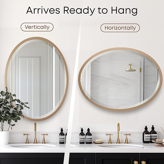 OVALCREST - Oval Wooden Beveled Wall Mirror for Home Decor, Bathroom, Vanity, Bedroom, Living Room, Hallway - London Style (Gold Spray) 25.1 x 21.1