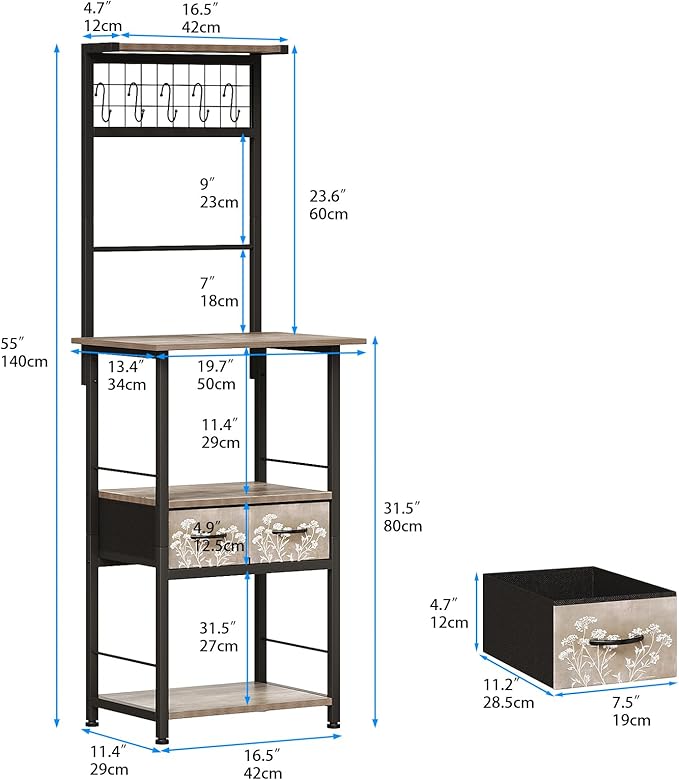 GiftGo Small Coffee Bar Station Narrow Corner Baker Rack Stand with 2 Storage Fabric Drawers 5 S Hooks for Small Spaces Farmhouse Bakers Rack for Kitchen, Entryway, Living Room (Grey, Narrow)