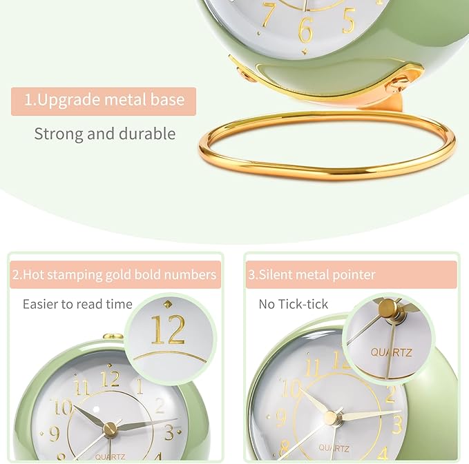 Tetino Analog Alarm Clocks,Retro Backlight Cute Simple Design Small Desk Clock with Night Light,Silent Non-Ticking,Battery Powered,for Kids,Bedroom,Travel,Kitchen,Bedside Desktop. (Blue)