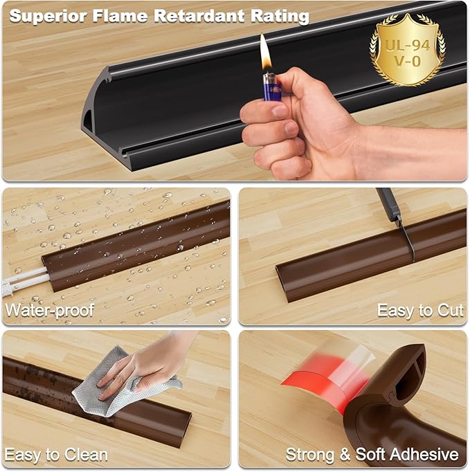 Kneelisa 6FT Side-Open Extension Cord Covers for Wires on Floor,Silicone Power Cable Protector Cord Hider Management Strip,Hide Electric Wire on Carpet,Chord Runner Protective Safety Wiremold,Brown