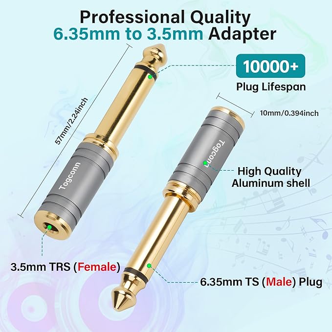 6.35mm 1/4 Inch to 3.5mm 1/8 Inch Adapter 2 Pack, 6.35mm Quarter Inch TS Mono Male to 3.5mm TRS Female Stereo Jack Plug Audio Converter Connector Premium Quality Series for Speaker, Headphone, Guitar