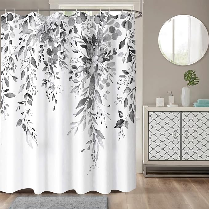 Long Gray and White Eucalyptus Shower Curtain Watercolor Grey Floral Plant Leaf Shower Curtains for Bathroom Botanical Flower Waterproof Fabric Bath Curtain with Hooks (Black, 72'' x 78'')
