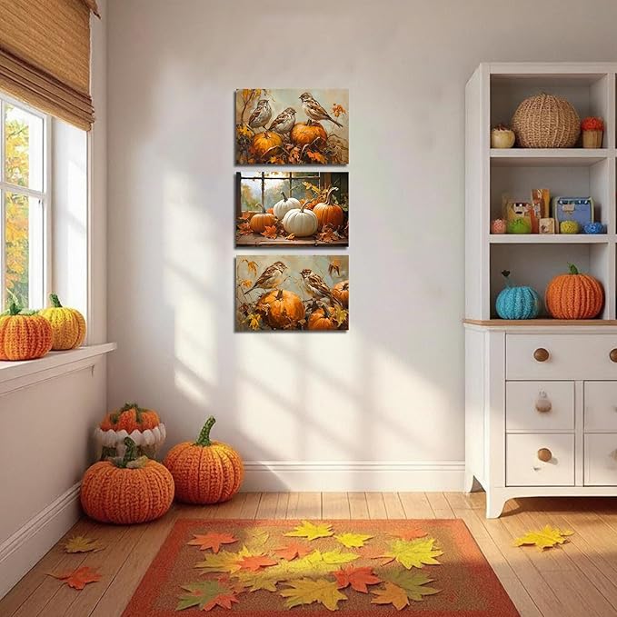 YMXDYMJSW Autumn Wall Art 3 Pieces Pumpkin with Sparrows Picture Prints Fall Harvest Birds Canvas Painting Thanksgiving Theme Artwork for Farmhouse Decor Frame (Gold,20.00" x 28.00" x 3PCS)