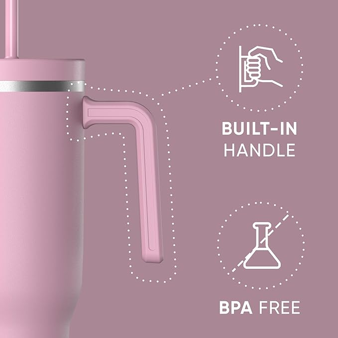 Hydrapeak Voyager 40 Oz Stainless Steel Tumbler with Handle, Insulated Water Bottle With Straw & Lid, Cupholder Friendly Reusable Travel Mug (Cotton Pink)