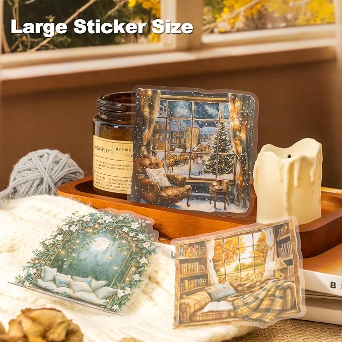 AuriicLeaf Window Scenery PET Sticker Set, 60Pcs Large Landscape Stickers for Scrapbooking, Journaling, Junk Journal Supplies, and DIY Crafts