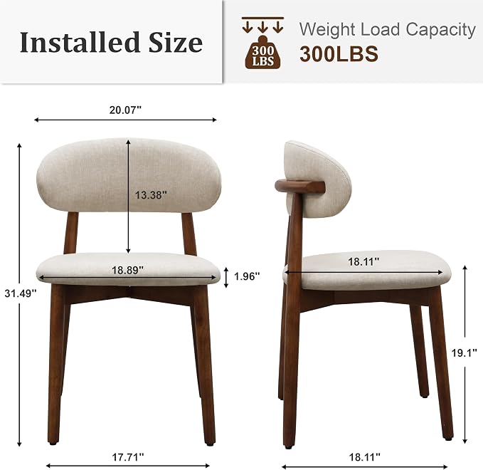 Farmhouse Dining Chairs Set of 4, Mid Century Modern Fabric Upholstered Kitchen Chairs, Wooden Dining Room Chair with Curved Back for Kitchen Dining Room Restaurant Cafe, Warm Gray (Only Chairs)