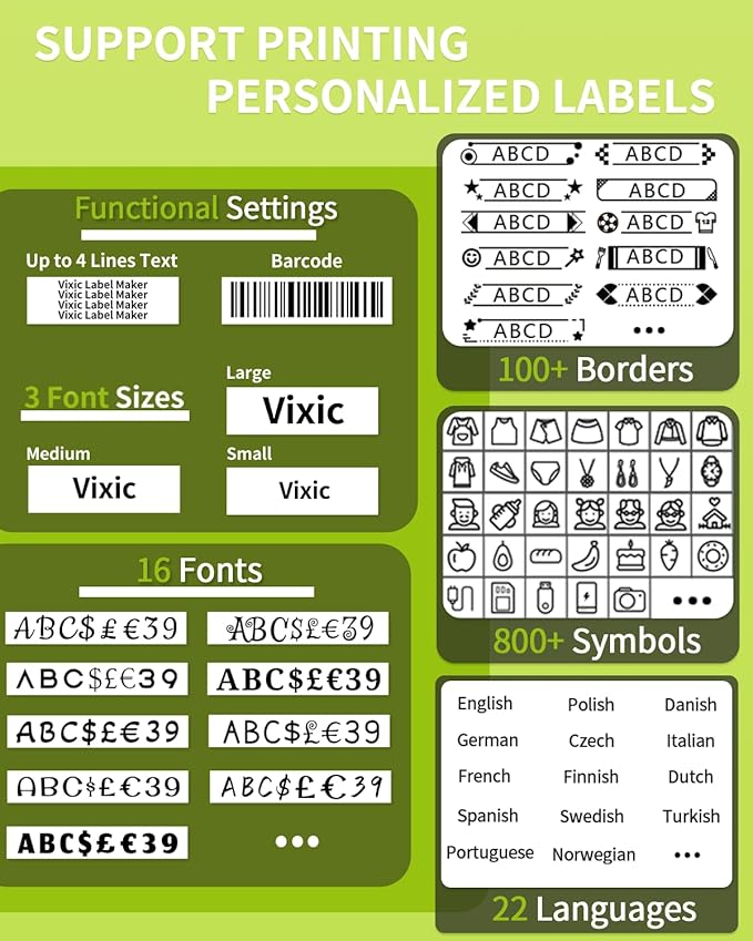 Vixic Label Maker Machine with-Tape, H1100 Handheld Label Maker Waterproof-Labels Portable Labeler Backlit Screen for Home School Office Organization Gifts, Multiple Fonts Symbols Borders Easy to Use