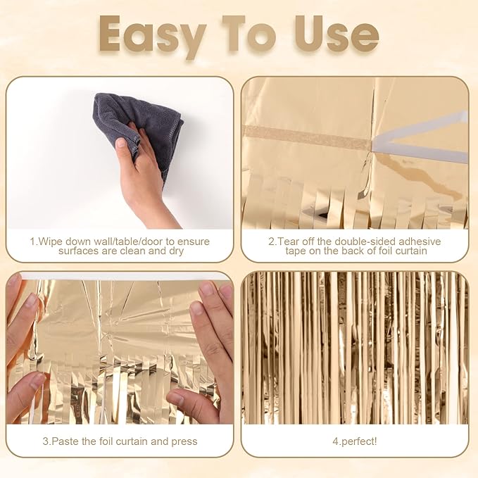 3 Pack 3.3x8.2 Feet Champagne Foil Fringe Backdrop Curtains, Tinsel Streamers Birthday Party Decorations, Fringe Backdrop for Graduation, Baby Shower, Gender Reveal, Disco Party