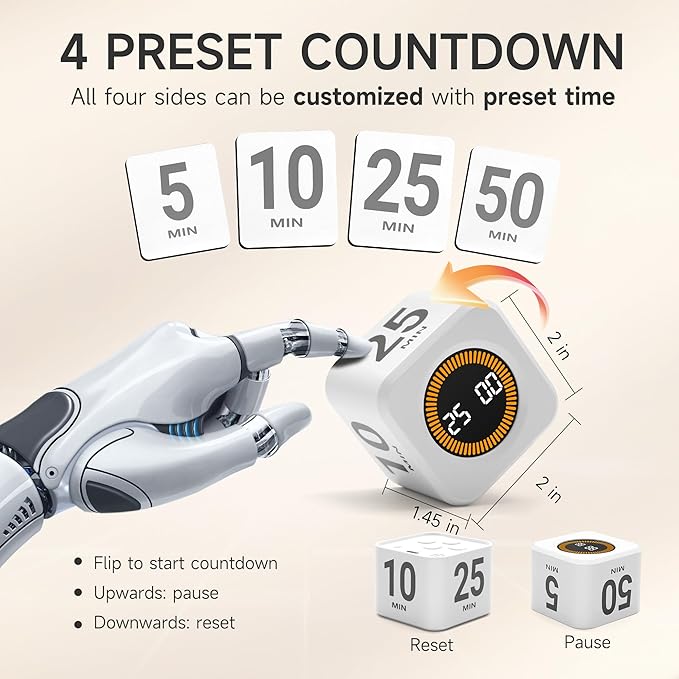 Exlliy Rotating Productivity Timer 5, 25, 10, 50 Minutes Preset, Desk Cube w/Gravity Sensor for ADHD, Mute Functions, Ideal for Work, Study, Kitchen, Back to School (1, White)