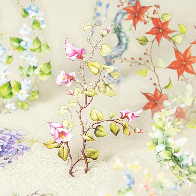 AuriicLeaf Floral Vine PET Stickers, 120 Pcs Large Botanical Ephemera for Scrapbooking, Journaling, DIY Crafting, and Art Supplies