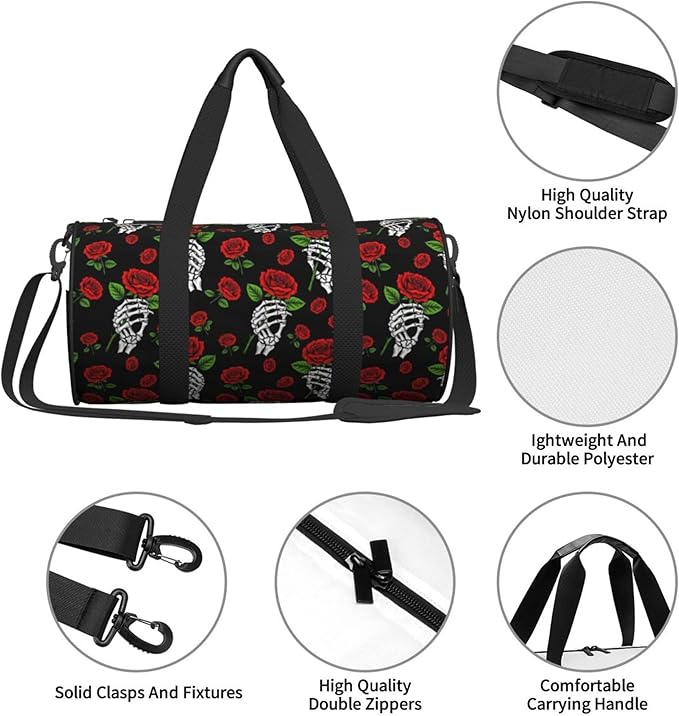 Small Yoga Bag Foldable for Women Mini Gym Duffle Bag Gothic Skull Skeleton Hand Holding Red Rose for Travel Sports Workout