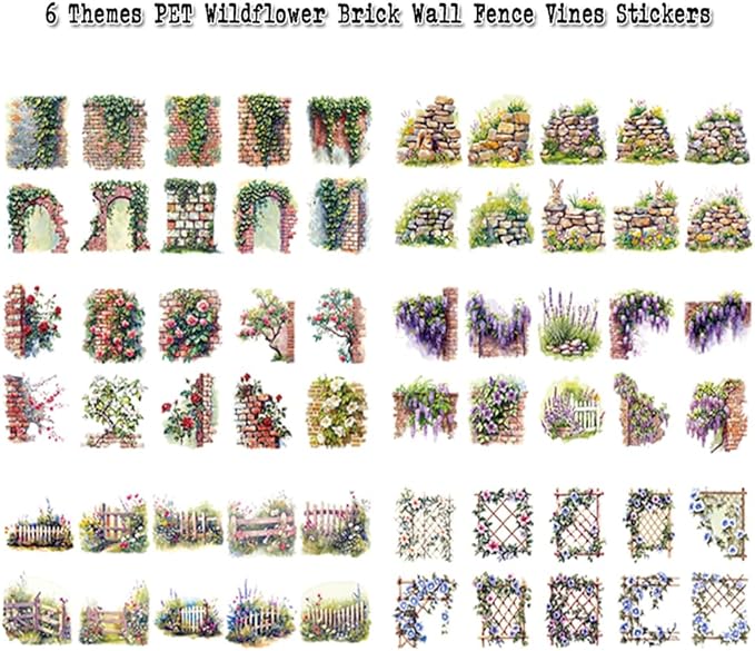 Dwpetzo Garden Flower Landscape Stickers for Journaling, 6 Themes Transparent PET Wildflower Brick Wall Fence Vines Stickers for Scrapbooking, Junk Journal Supplies, Collage, Planner, Mixed Media