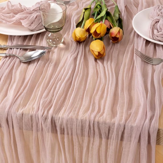 MLMC 3 Pack Pink Table Runner Dusty Pink Cheesecloth Table Runner 10ft Rustic Gauze Cheese Cloth Centerpiece Winter Decor 35x120 Inches for Wedding Bridal Baby Shower Birthday Party Decor