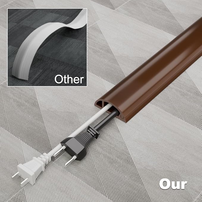 Kneelisa 10FT Side-Open Extension Cord Covers for Wires on Floor,Silicone Power Cable Protector Cord Hider Management Strip,Hide Electric Wire on Carpet,Chord Runner Protective Safety Wiremold,Brown
