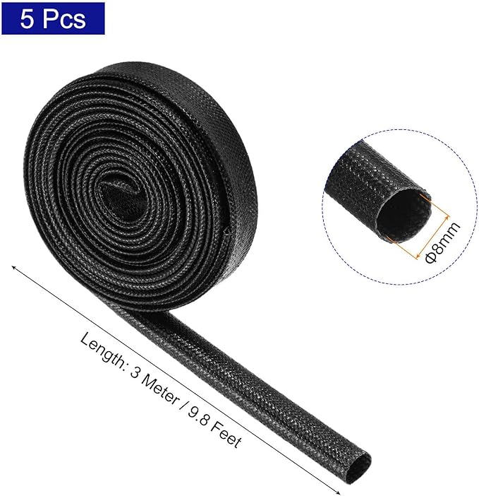 MECCANIXITY 5Pcs Wire Insulation Braid Fire Sleeve,9.8Ft-8mm ID Black, High Temp Silicone Coated Fiberglass Sleeving for Automotive Hose Lines Electrical Wiring
