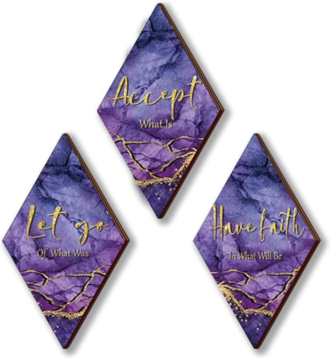 3Pcs Purple And Gold Bathroom Decor Purple Gold Wall Decor with Accept Let Go Have Faith Quote Rustic Farmhouse Wooden Hanging Signs for Women Home Living Room Bedroom(Purple Gold 12x7)