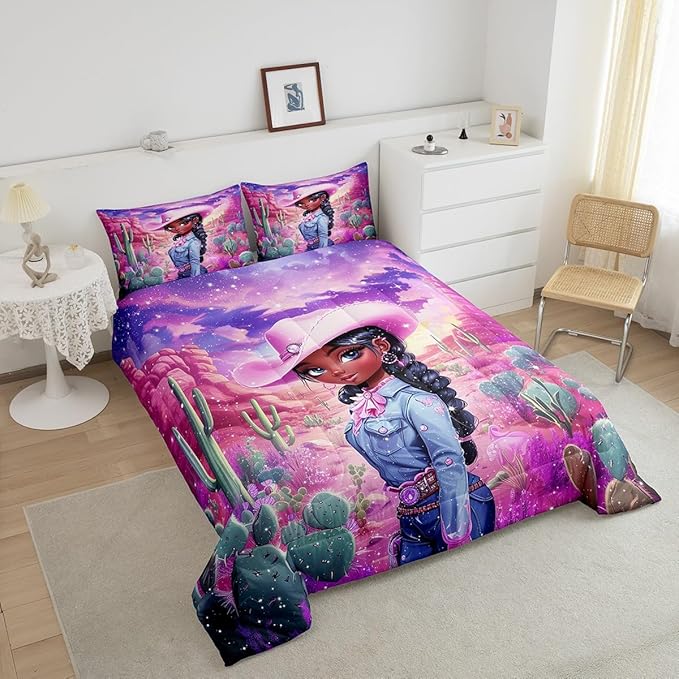 Western Cowgirl Comforter Set Queen Size,Reversible African Style Cute Girl Print Black Bedding Set for Women Adult,Dreamy Stars Purple Galaxy Sparkling Luxury Bed Duvet Insert, 2 Pillowcases