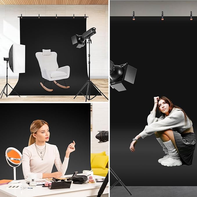 Black Screen Backdrop Kit, Portable Blackscreen Background with T-Shaped Stand, 5 Clamps & Carrying Bag for Photography, Streaming, Zoom, Gaming, (Black, 6.5 Feet X 5.0 Feet)