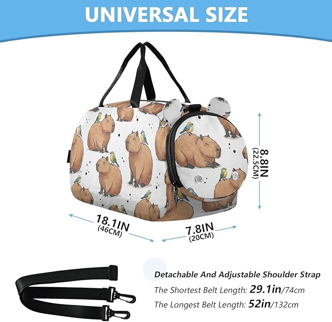 Capybara Bird White Pattern Kids Sports Duffle Bag for Boys Girls Toddler Weekender Overnight Bag with Shoe Compartment & Wet Pocket Kids Carry On Shoulder Bag for Travel Gym Sport Dance