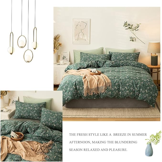 EAVD Vintage Style Green Floral Duvet Cover Twin XL Jersey Cotton Cottagecore Bedding Set with 2 Pillowcases Chic Shabby Botanical Floral Comforter Cover with Zipper Closure
