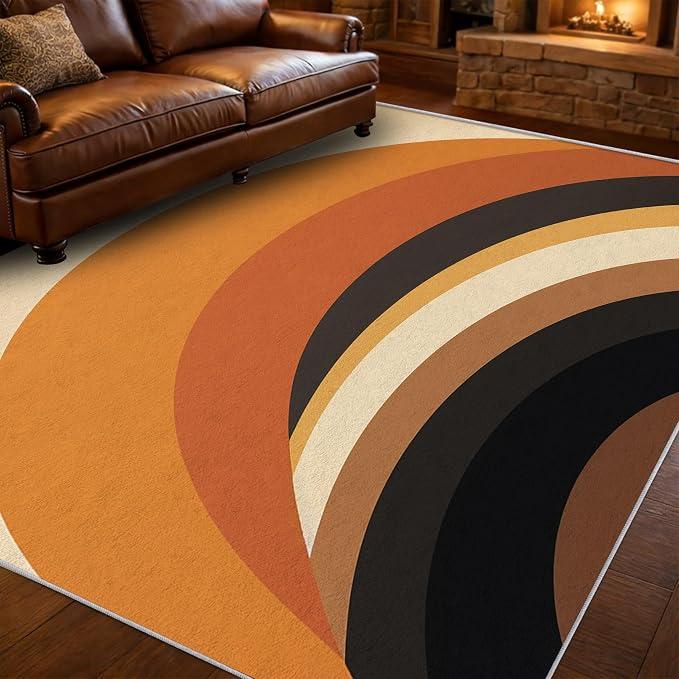 Mid Century Modern Area Rug 4x7, Washable Non-Slip Low Pile Retro Rainbow Rug for Living Room Bedroom Home Office, Abstract Boho Carpet in Terracotta Camel Cream and Black