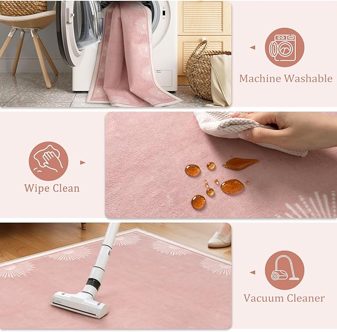 Hedlive Modern Pink 8x10 Rug for Living Room,Ultra Thin Washable Bedroom Rug 8x10 Under Bed, Non Slip Sun Print Large Rugs, Non Shedding Throw Carpet for Girls Room Nursery Dorm(8'x10',Pink)