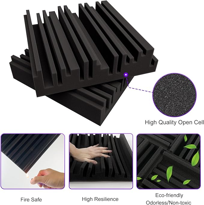 TroyStudio Thick Acoustic Foam Panels, 12 X 12 X 2 Inch 12 Pcs Broadband Sound Absorbing Foam, Dense Soundproof Padding Tile, Recording Studio Foam Absorber, Groove Decorative 3D Wall Ceiling Panel