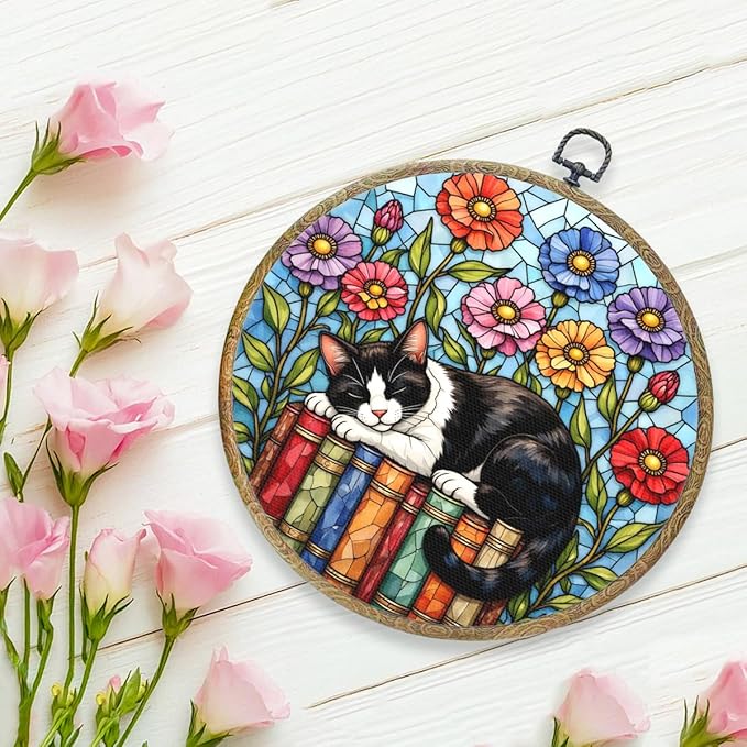 Cute Cat Decor Cat Stuff Accessories Book Lovers Gifts Reading Gifts Framed Round Wall Decor Canvas Wall Art Hanging Prints Artwork for Home Door Bedroom Porch Library Decorations 10.2X10.2 Inch