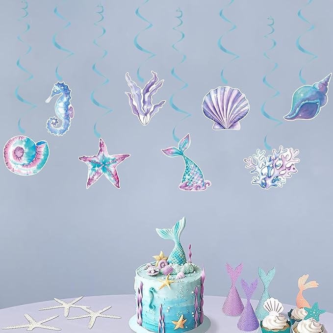 Little Mermaid Party Decorations Streamers - 16Pcs Under The Sea Classroom Hanging Swirl Ceiling Decor,Pool Beach Ocean Underwater Girls Birthday Summer Baby Shower Banner Supplies Hugtmr