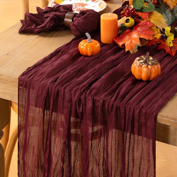 MLMC 8 Pack Burgundy Cheesecloth Table Runner Boho Rustic Gauze Fall Wine Red Cheese Cloth Table Runner Cheese Cloth Decor 35x120 Inches for Wedding Winter Reception Christmas Home Decor