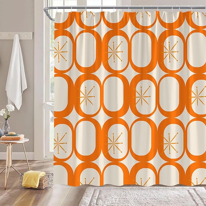 Mid Century Modern Shower Curtain Abstract Atomic Geometric Round Squares Retro 50s Orange Fabric Curtain with Hooks for Bathroom Decor,70x70 Inch