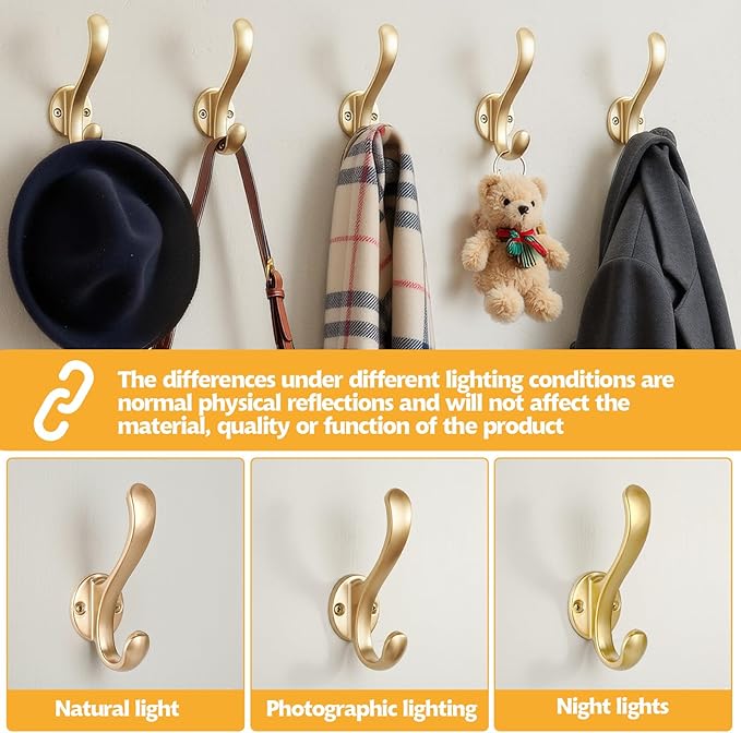 6 Pack Coat Hooks Wall Mount Heavy Duty Utility Retro Double Hooks for Hanging Coats,Hat, Towel, Key, Robe, Scarf, Bag, Cap (Gold)