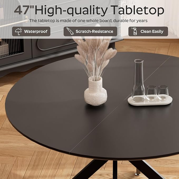 RGZ Mid Century Black Round Dining Table Set for 6, 47" Large Wooden Circle Kitchen Table & 6 White PU Leather Kitchen Chairs, Dinner Table Set for Home, Apartment, Dining Room