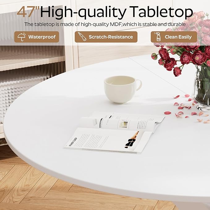 RGZ Mid Century White Round Dining Table Set for 4, 47" Large Wooden Circle Kitchen Table & 4 Light Gray PU Leather Kitchen Chairs, Dinner Table Set for Home, Apartment, Dining Room