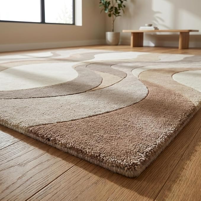Geometric Multicolor Hand Tufted Wool Area Rug Modern Style Curve Pattern Warm Backing Floor Rug for Bedrooms Lounge Entryways & Gallary 2.5x8 Feet