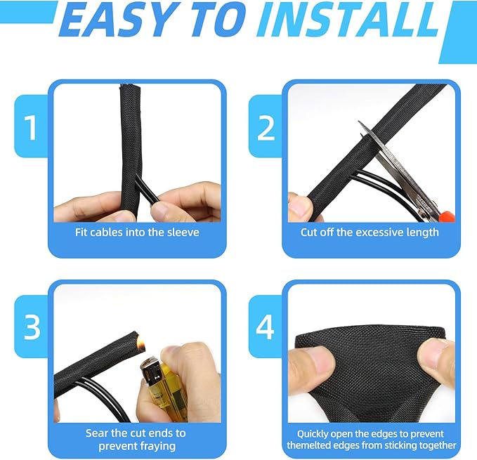 Automotive Wire Loom Tubing, Split Braided Cord Protectors from Pets No Chew, Flexible Cable Sleeve Cable Management for TV/Computer/Electric Wires (Black, 3/4"-10ft)