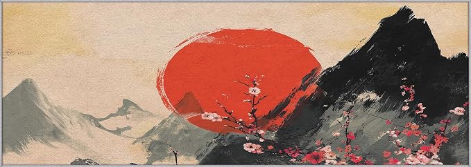Japanese Runner Rug 3x12, Red Sun Cherry Blossom Mountain Landscape Design, Traditional Asian Art Area Rug, Washable Carpet Runner for Bedroom, Hallways, Kitchen Walkway, Dining Room Sideboard