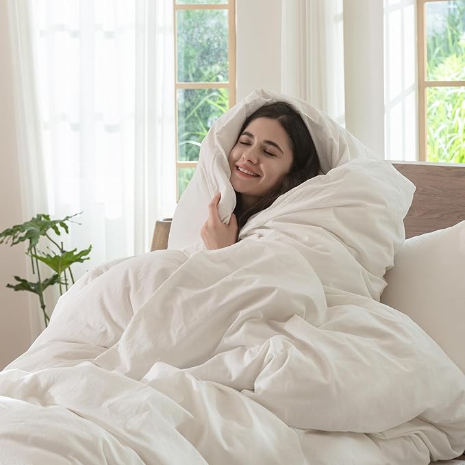 MooMee Bedding Duvet Cover Set 100% Washed Cotton Linen Like Textured Breathable Durable Soft Comfy (Solid Off White, Super King 108"x98")