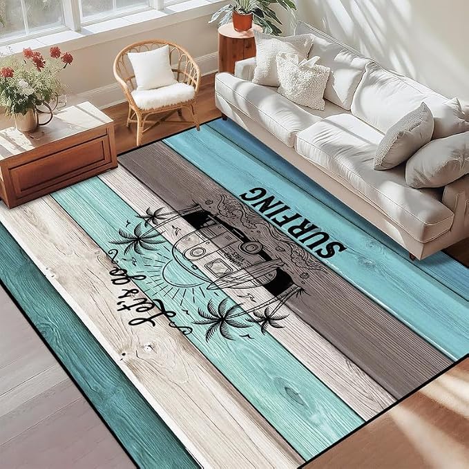Surfing Area Rug Beach Van Palm Tree Carpet Retro Wood Grain Striped Rugs Non Slip Washable Floor Mat for Entryway Bedroom Living Room Nursery Playroom Home Decor,2'x3'