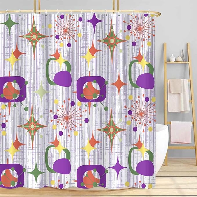 Mid Century Shower Curtain, 72x72inch, Modern Abstract Retro Purple Striped Geometric Shower Curtain Sets 1950s Boho Bathroom Shower Curtain with 12 Hooks
