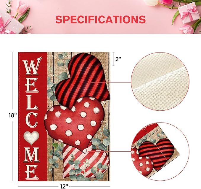AVOIN colorlife Valentines Day Welcome Garden Flag 12x18 Inch Double Sided, Anniversary Love Heart Rustic Yard Outdoor Decoration