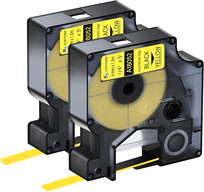 2 Pack Compatible for Dymo 18052 6mm Black on Yellow Heat Shrink Tubing 1/4" Industrial Label Maker Label Tape for Rhino 1000 3000 4200 5000 5200 6000 LabelManager 450 Duo LabelWriter