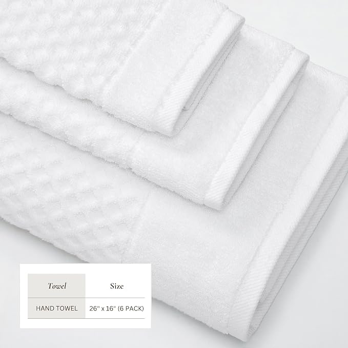 Great Bay Home Hand Towels - 100% Cotton 6 Pack 26x16 Hand Towel Set - Absorbent, Durable, Quick-Dry Towels for Bathroom (Optic White)