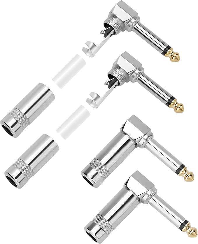 Togconn Right Angle 6.35mm 1/4 Inch TS Mono Plug 4 Pack, 90 Degree 1/4" Solder Type DIY Audio Cable Adapter Connector, Metal Housing for Guitar/Speaker/Microphone Audio Cable Repair Replacement